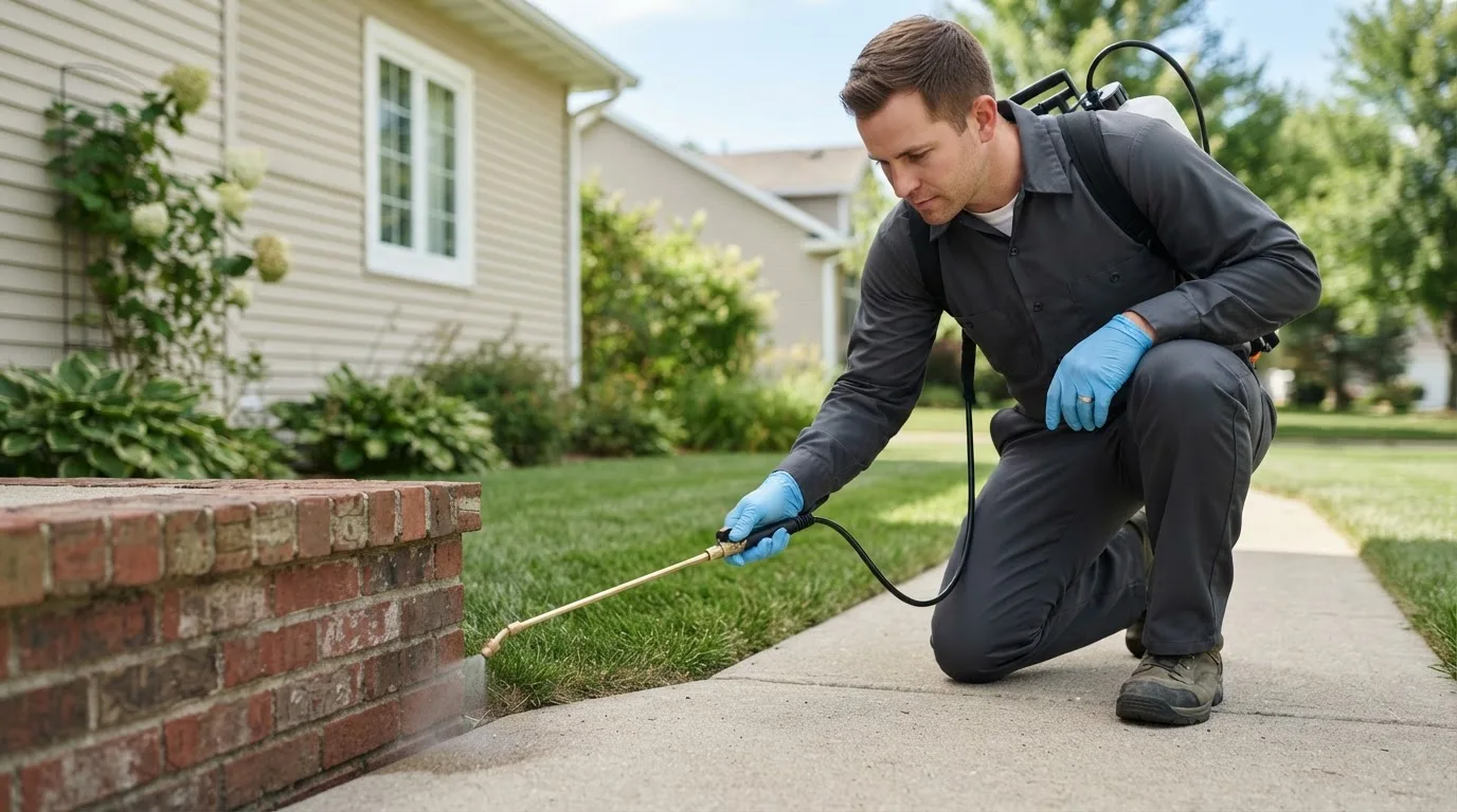 Pest control technician treating a home near Leigh, NE