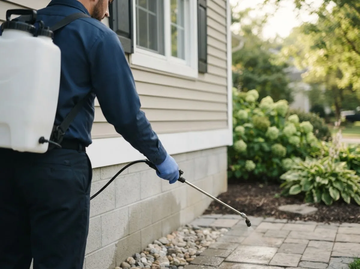 Pest control technician inspecting a home in Leigh, NE
